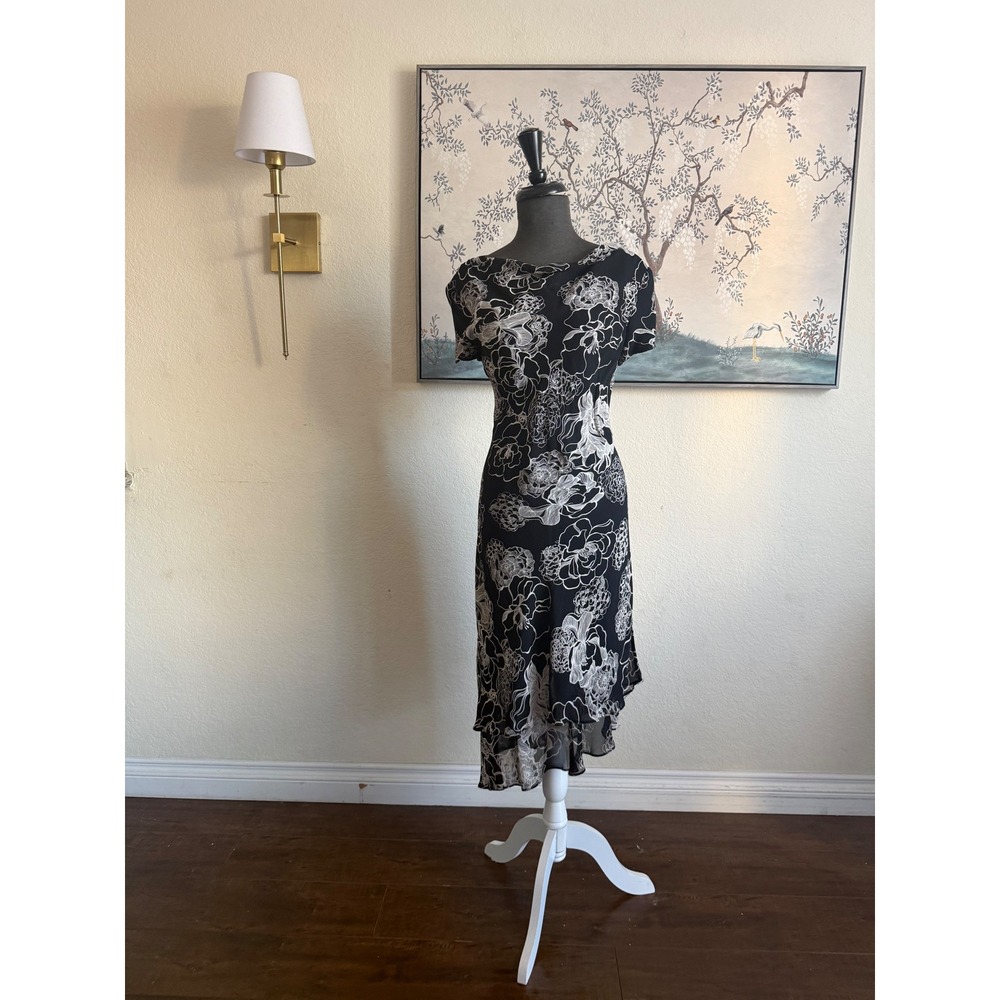 Donna Ricco New York Floral Midi Dress Black White Cowl Neck Handkerchief Hem 10